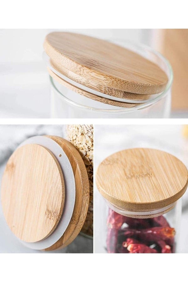 3'lü 1300 Ml Bambu Kapaklı Cam Kavanoz, Şeffaf Hava Geçirmez Gıda Saklama Kabı Kavanozu