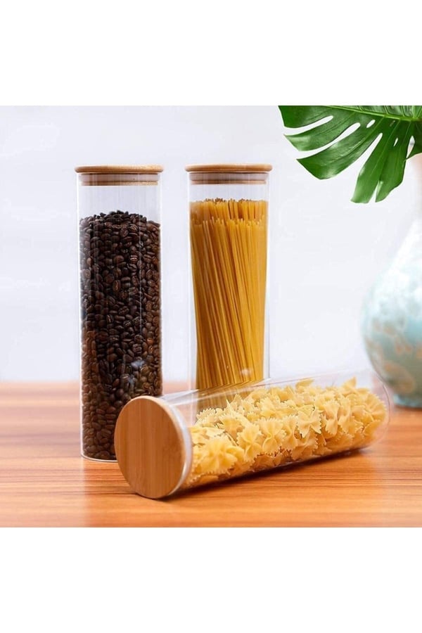 3'lü 1300 Ml Bambu Kapaklı Cam Kavanoz, Şeffaf Hava Geçirmez Gıda Saklama Kabı Kavanozu