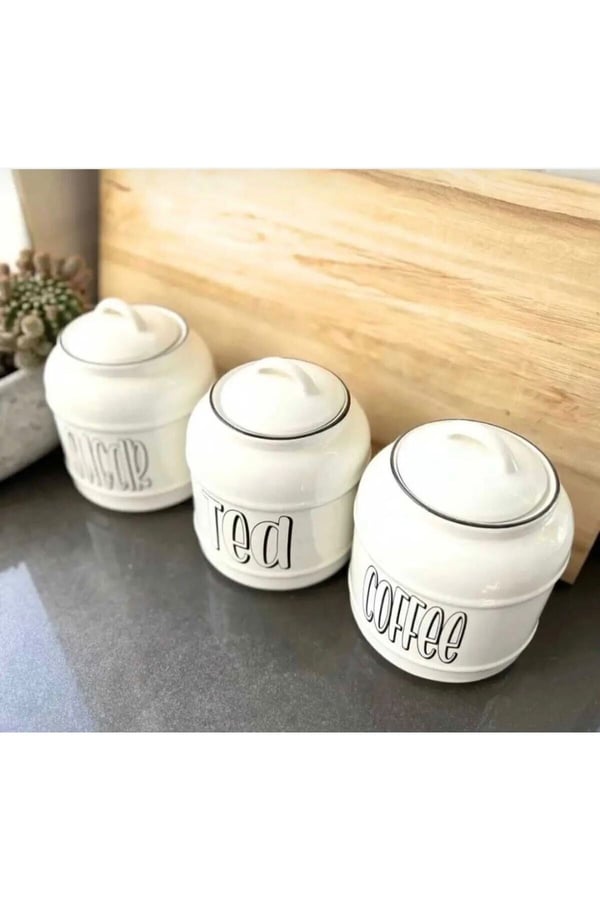3'lü Porselen 1400ml Tea/Coffee/Sugar Kavanoz Seti