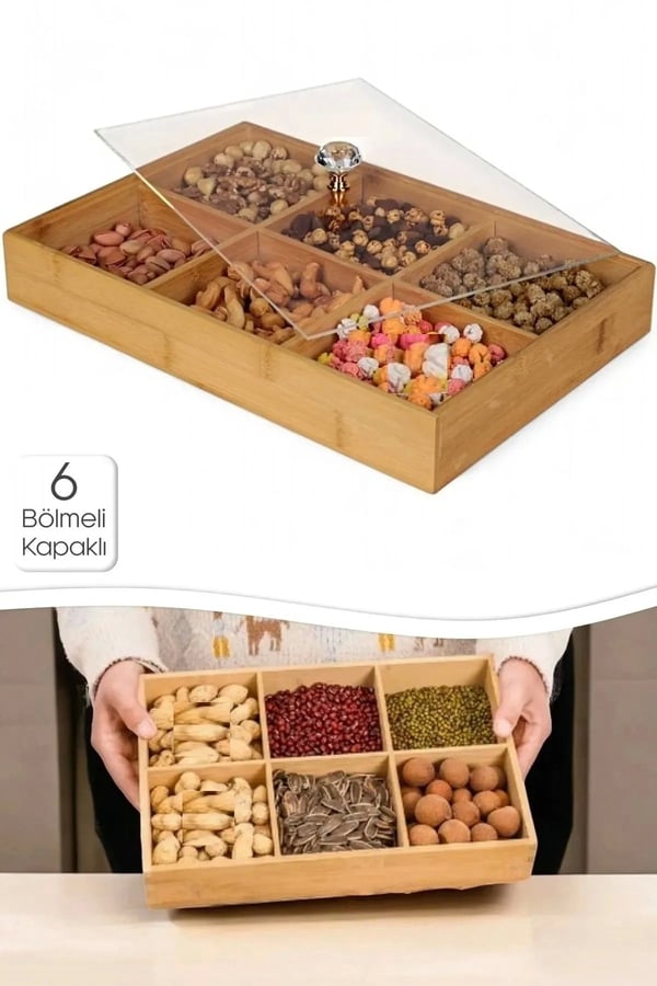 6 Bölmeli Mutfak Organizer Bambu Çerezlik Şeffaf Akrilik Kapaklı Kahvaltı Sunumluk Saklama Kutusu