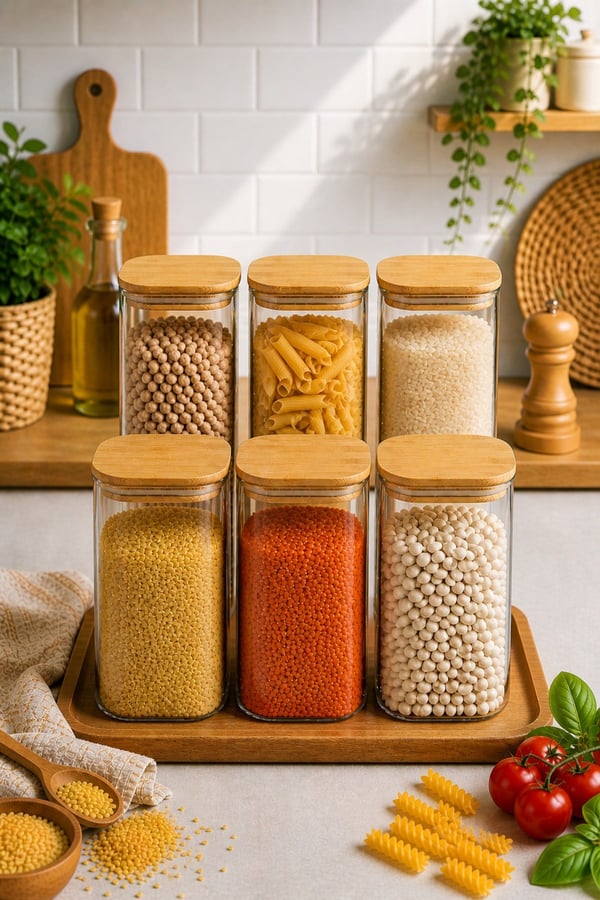 6'lı 1500 ml Bambu Kapaklı Kare Cam Baharatlık Drajelik Ve Erzak Kabı