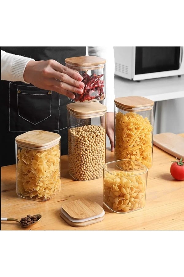6'lı 1500 ml Bambu Kapaklı Kare Cam Baharatlık Drajelik Ve Erzak Kabı