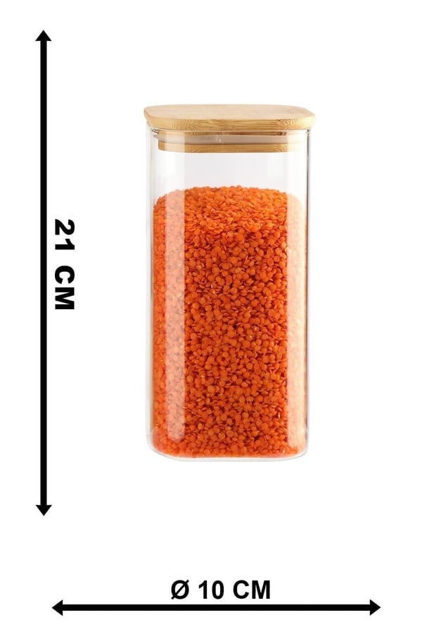 6'lı 1500 ml Bambu Kapaklı Kare Cam Baharatlık Drajelik Ve Erzak Kabı