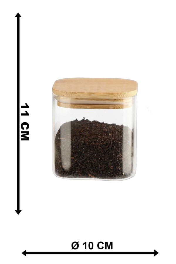 6'lı 800 Ml Bambu Kapaklı Kare Cam Baharatlık Drajelik Ve Erzak Kabı