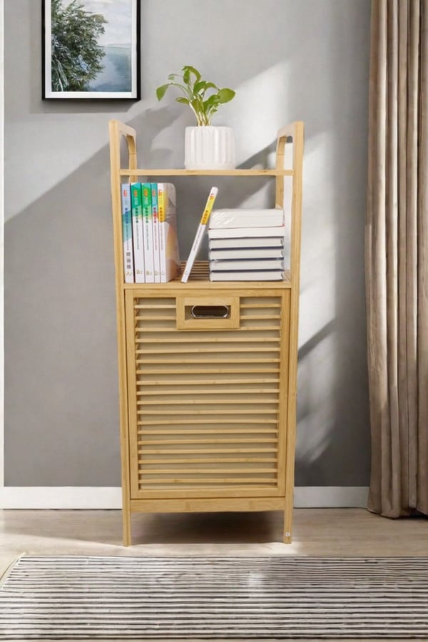 Bambu Çamaşır Sepeti Doğal Ahşap Banyo Düzenleyici Raf 2 Raflı Kirli Sepeti Banyo Mutfak Rafı