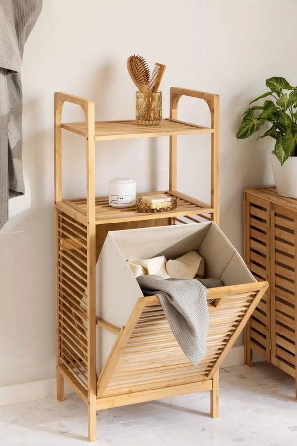 Bambu Çamaşır Sepeti Doğal Ahşap Banyo Düzenleyici Raf 2 Raflı Kirli Sepeti Banyo Mutfak Rafı