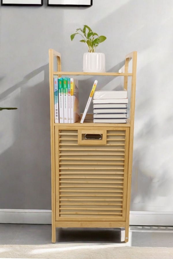 Bambu Çamaşır Sepeti Doğal Ahşap Banyo Düzenleyici Raf 2 Raflı Kirli Sepeti Banyo Mutfak Rafı