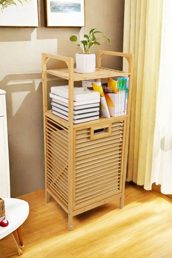 Bambu Çamaşır Sepeti Doğal Ahşap Banyo Düzenleyici Raf 2 Raflı Kirli Sepeti Banyo Mutfak Rafı