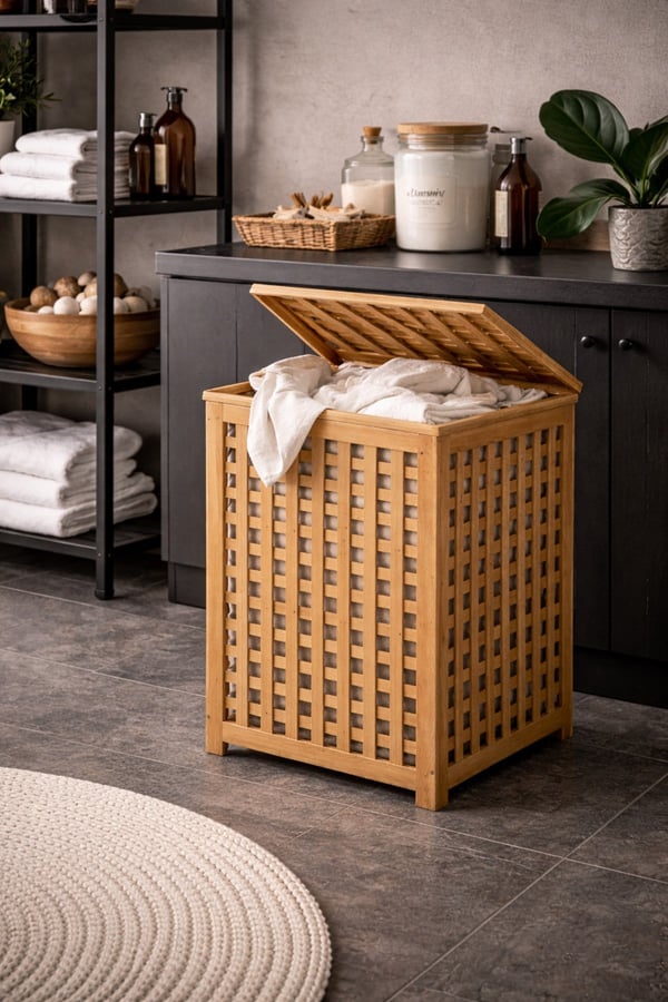 Bambu Kapaklı Kirli Çamaşır Sepeti Banyo Düzenleyici Modern Şık Tasarım Organizer