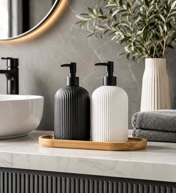 Dilay Home 2'li Siyah Beyaz Sıvı Sabunluk Seti – Çizgili Modern Banyo ve Mutfak Sabun Dispenseri