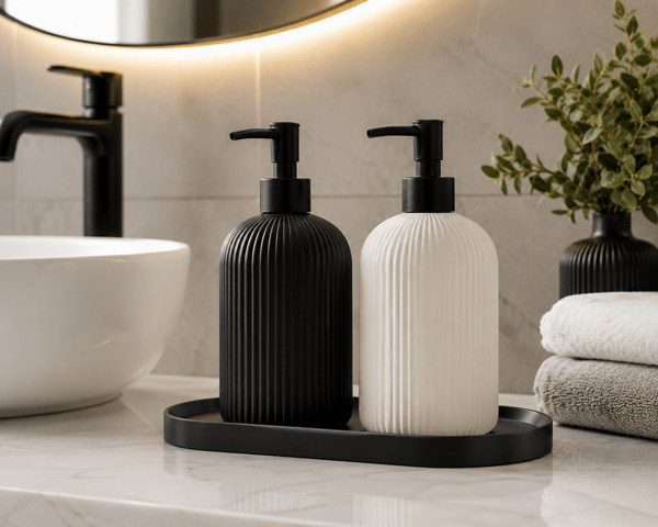Dilay Home 2'li Siyah Beyaz Sıvı Sabunluk Seti – Çizgili Modern Banyo ve Mutfak Sabun Dispenseri