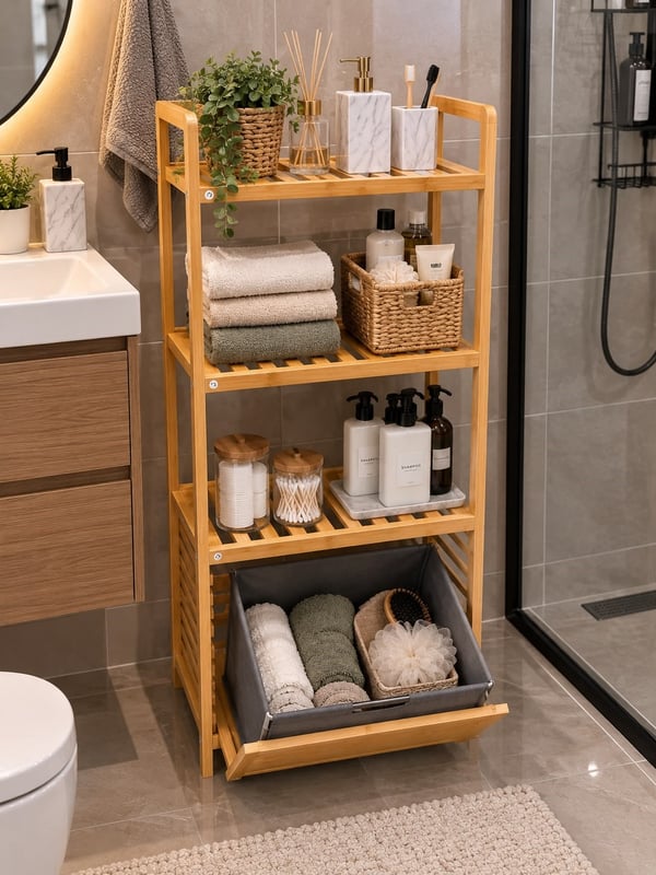 Dilay Home Bambu Raflı Banyo Düzenleyici ve Çamaşır Sepeti