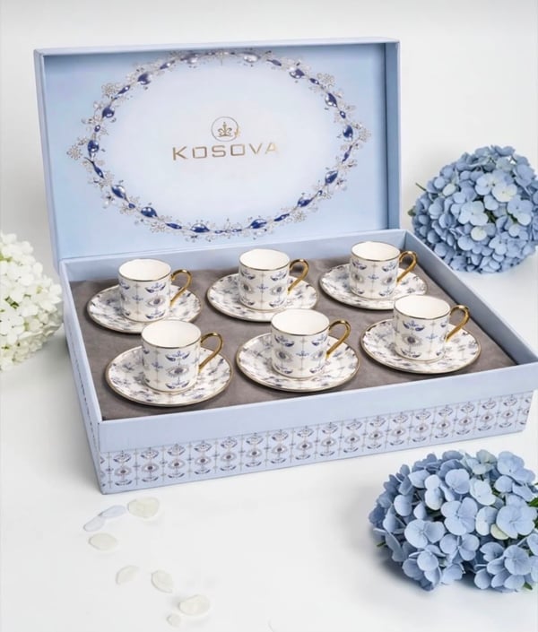 Dilay Home Kosova 6 Kişilik 12 Parça Porselen Türk Kahvesi Fincan Takımı Mavi Desenli Gold Kulplu