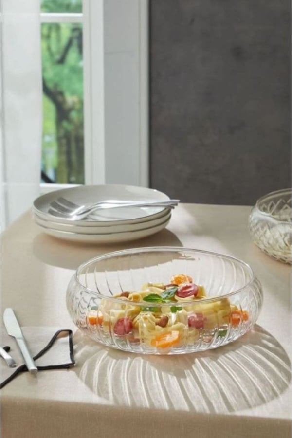Fleur El Yapımı Büyük Boy Cam Salata Kasesi – 24x6 cm Şeffaf Servis ve Sunum Kasesi