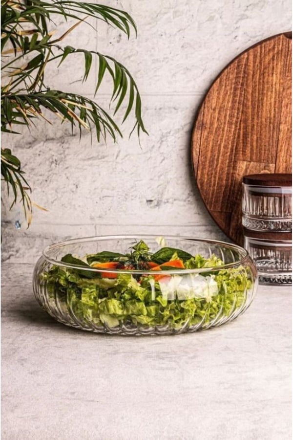 Fleur El Yapımı Büyük Boy Cam Salata Kasesi – 24x6 cm Şeffaf Servis ve Sunum Kasesi