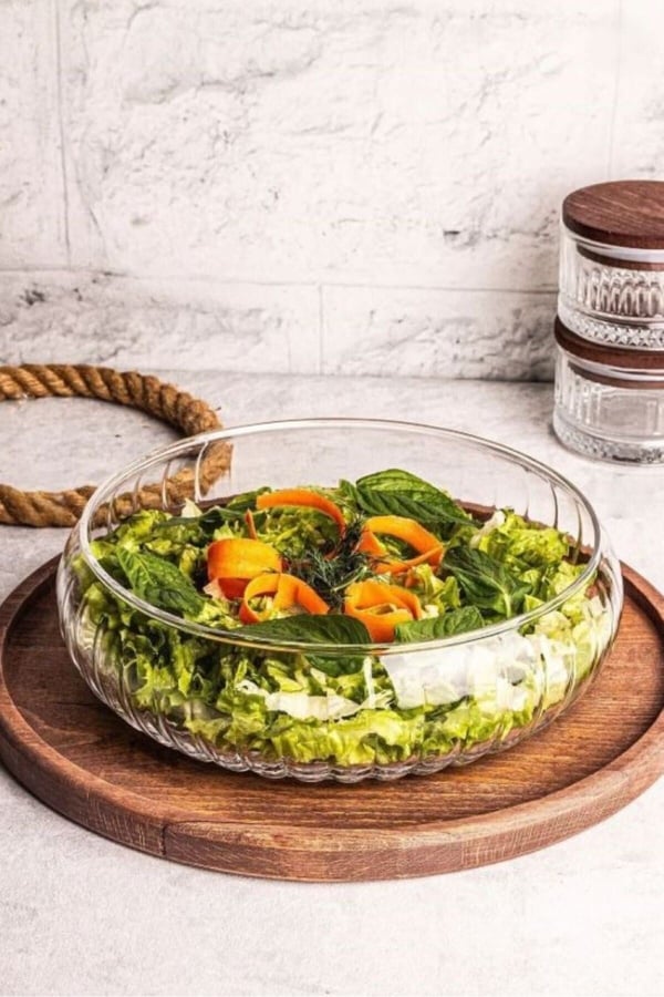 Fleur El Yapımı Büyük Boy Cam Salata Kasesi – 24x6 cm Şeffaf Servis ve Sunum Kasesi