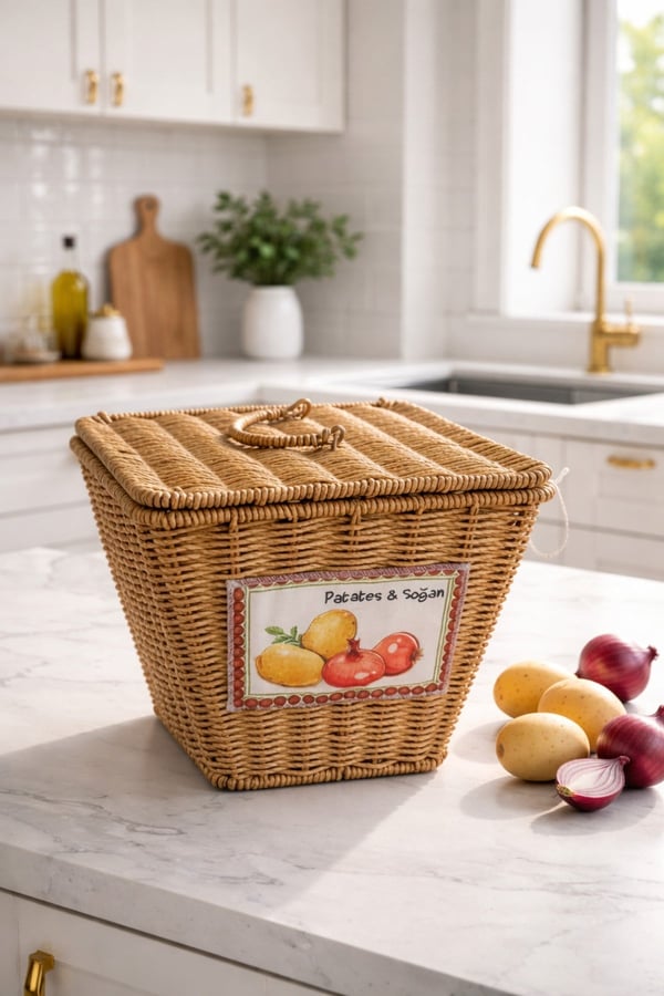 Hasır Patates Soğan Sepeti Rattan Dekoratif Düzenleyici Kapaklı Sebzelik Soğanlık