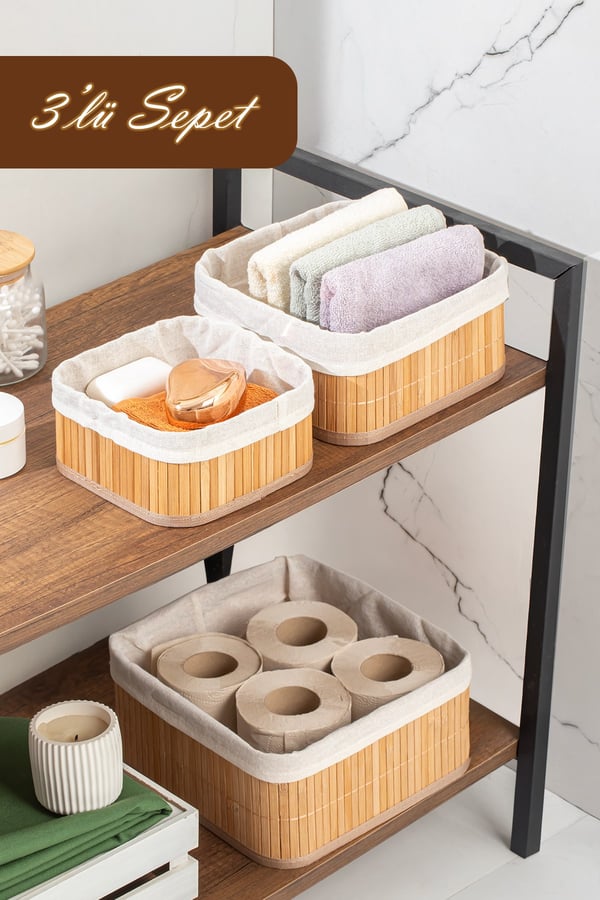 Kare 3lü Pinterest Sepet Bambu Sepet seti Dekoratif Banyo Mutfak Düzenleyici Organizeri