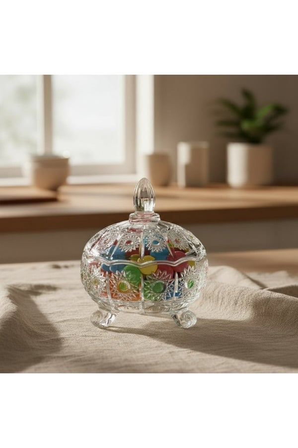 Kesme Güneş Dekor 3 Bacaklı Kapaklı Cam Şekerlik 13×10 cm