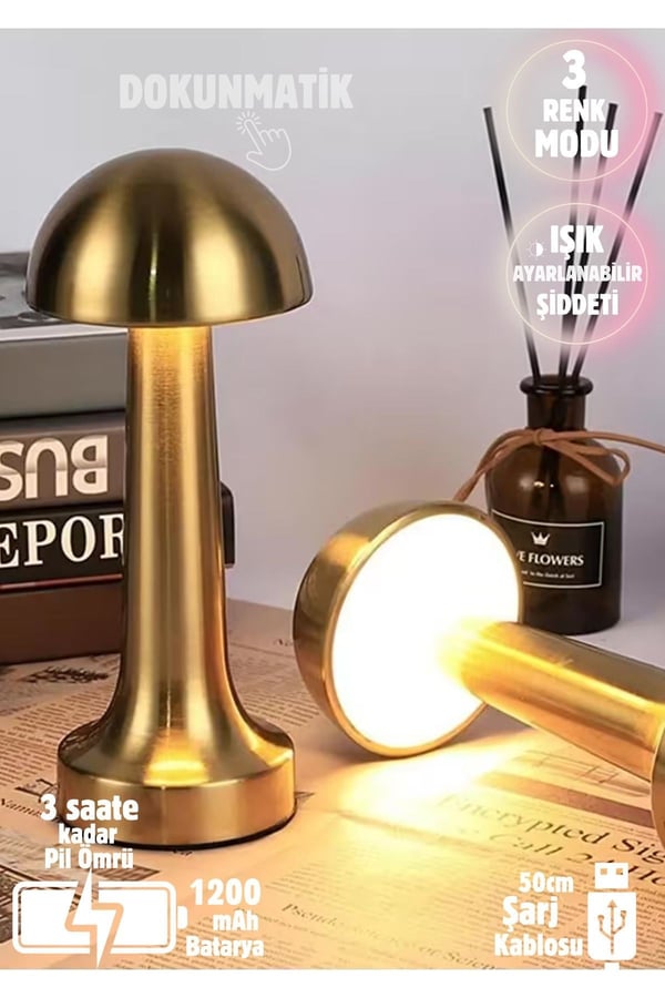 Mantar Model Led 3 Işık Renkli Şarjlı Metal Masa Lambası GOLD