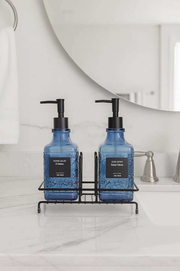 Modern Cam Sıvı Sabunluk & Deterjanlık Seti-500 ml Cam Sabunluk, Metal Stand'lı