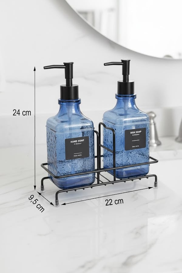 Modern Cam Sıvı Sabunluk & Deterjanlık Seti-500 ml Cam Sabunluk, Metal Stand'lı