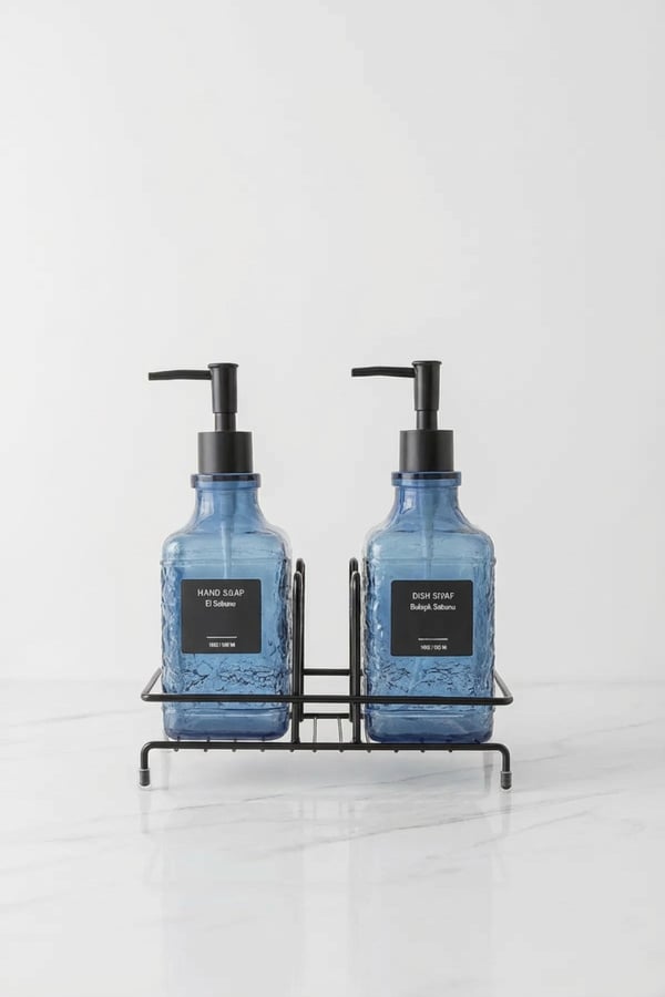 Modern Cam Sıvı Sabunluk & Deterjanlık Seti-500 ml Cam Sabunluk, Metal Stand'lı