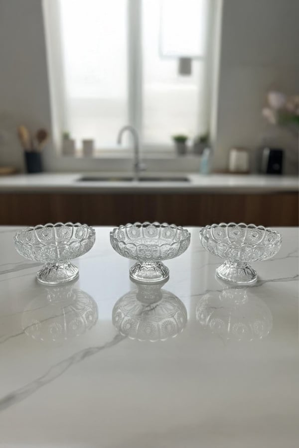 Virenna Cam Ayaklı Çerezlik Sunumluk Kahvaltılık Kase 3’lü Set 12 cm 130 ml