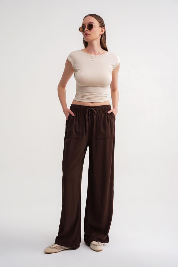 26-1YB0567 - 4629 MİXRAY BOL PAÇA YÜKSEK BEL PANTOLON - KAHVE