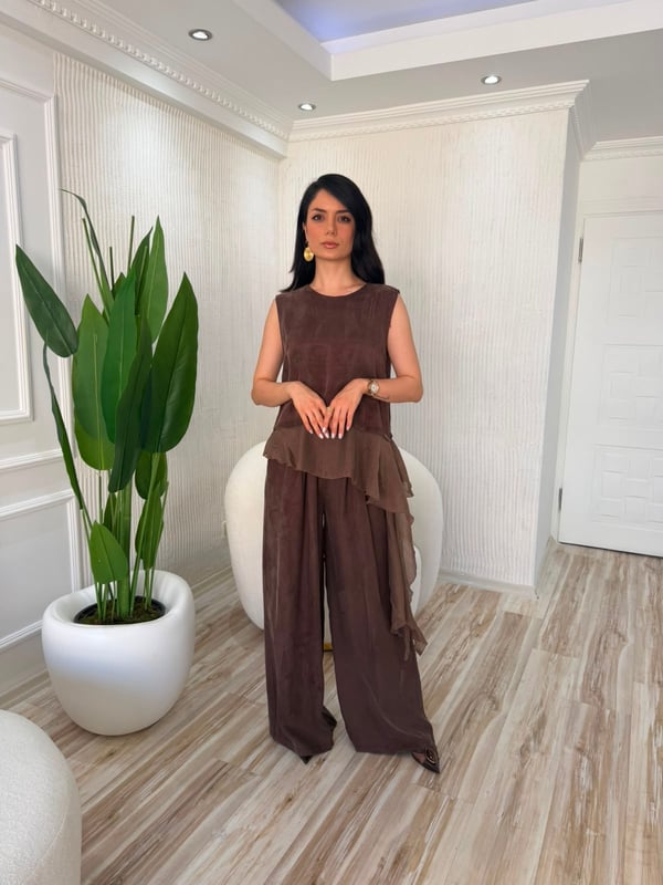 26-1YB1677 - 51391 MİSS PERRY GARNİLİ BLUZ PANTOLON TAKIM - KAHVE