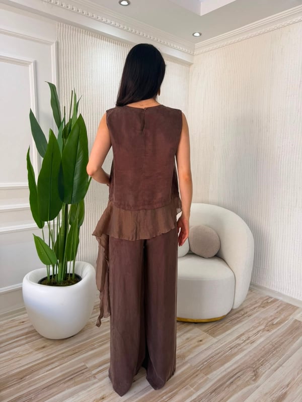 26-1YB1677 - 51391 MİSS PERRY GARNİLİ BLUZ PANTOLON TAKIM - KAHVE