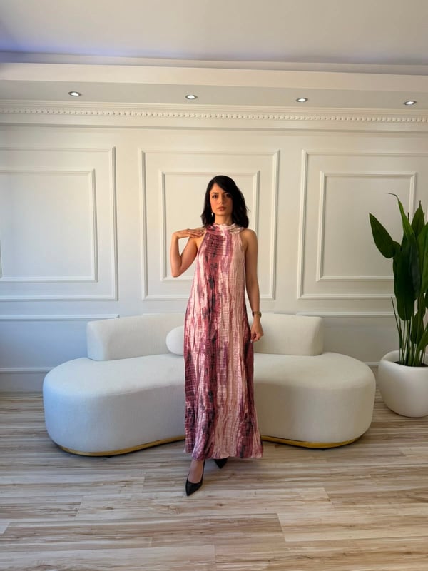 26-1YB1828 - DE251059 QU STYLE KRAŞLI DÜĞMELİ ELBİSE - PEMBE