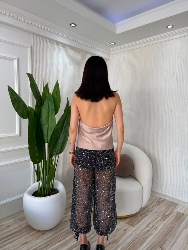 26-1YB1836 - 3328 ENTER BAĞCIK DETAY PULLU FİLE PANTOLON - SİYAH