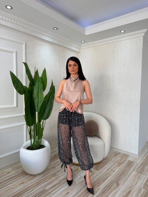 26-1YB1836 - 3328 ENTER BAĞCIK DETAY PULLU FİLE PANTOLON - SİYAH