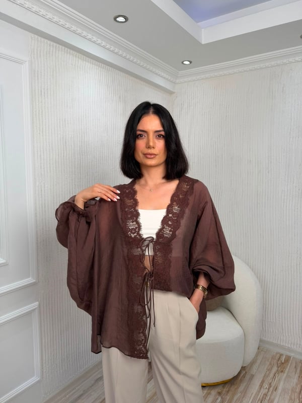 26-1YB2352 - 5108 MİSS PERRY DANTEL GÖMLEK - KOYU KAHVE
