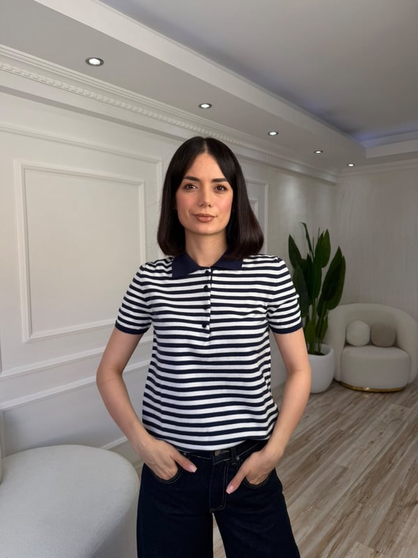 26-2KB0183 - 4841 NİSAN POLO YAKA KISA KOL ÇİZGİLİ KAZAK - LACİ