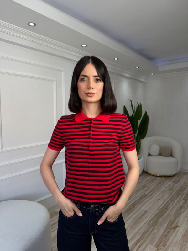 26-2KB0183 - 4841 NİSAN POLO YAKA KISA KOL ÇİZGİLİ KAZAK - KIRMIZI
