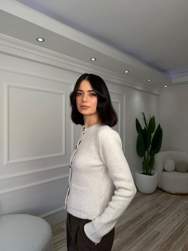 26-2KB0218 - 60935 DİLVİN BİSİKLET YAKA TİRİKO HIRKA - KREM