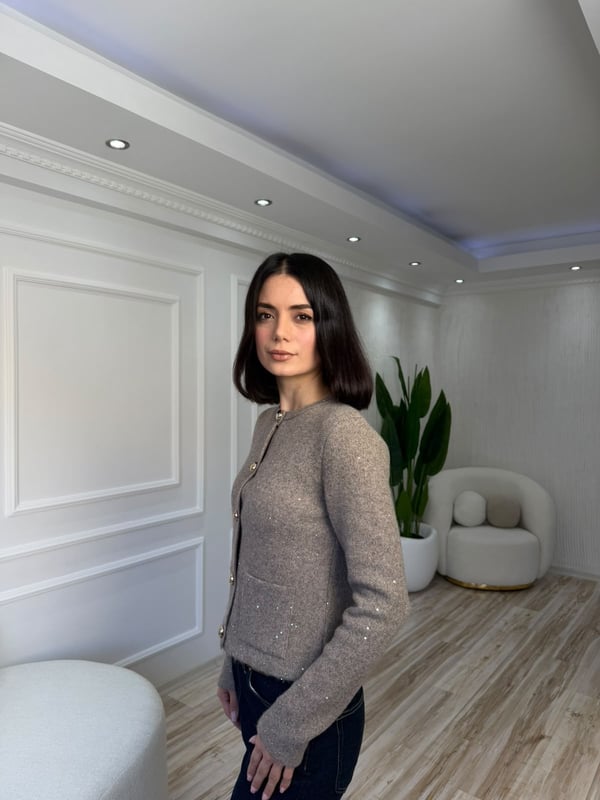 26-2KB0218 - 60935 DİLVİN BİSİKLET YAKA TİRİKO HIRKA - AÇIK VİZON