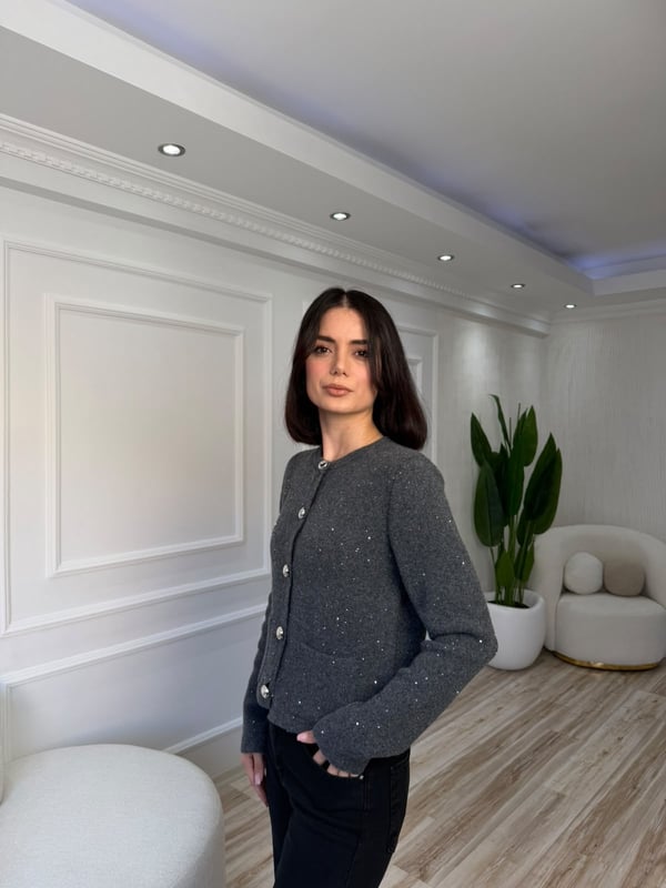 26-2KB0218 - 60935 DİLVİN BİSİKLET YAKA TİRİKO HIRKA - FÜME