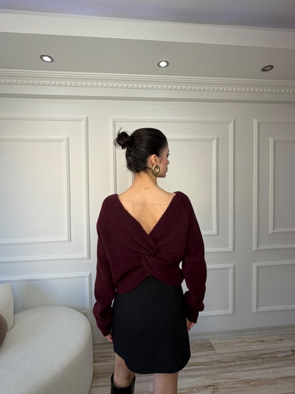 26-2KB0610 - 4896 NİSAN SIRT DÜĞÜM DETAYLI KAZAK - BORDO