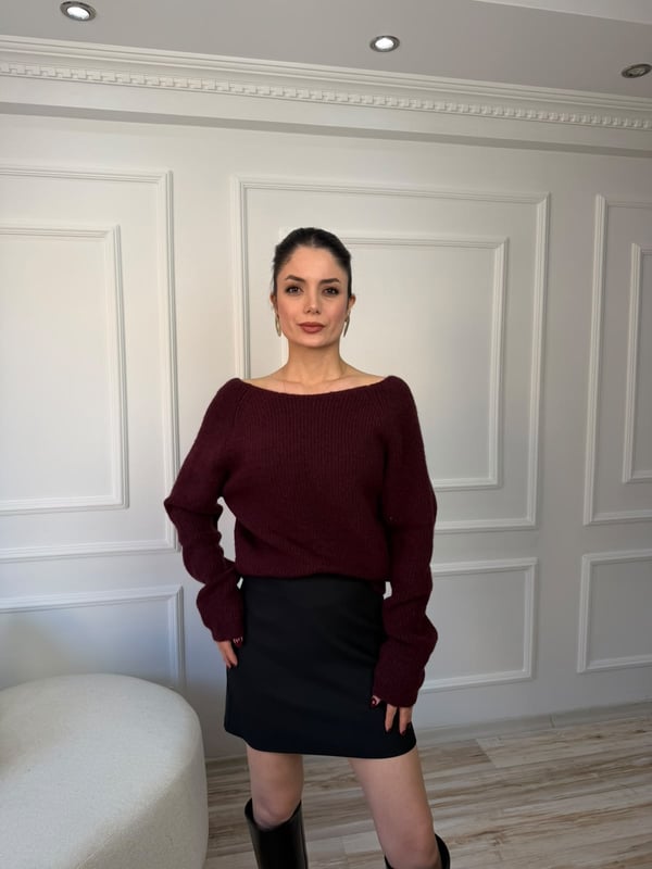 26-2KB0610 - 4896 NİSAN SIRT DÜĞÜM DETAYLI KAZAK - BORDO