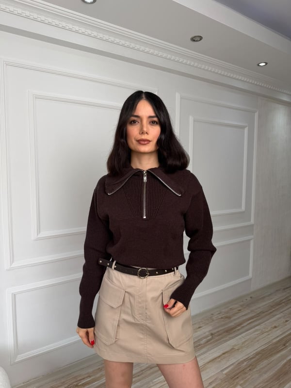26-2KB0679 - 1310 KLEİN FERMUARLI CROP KAZAK - KAHVE