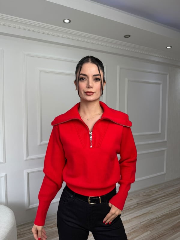 26-2KB0679 - 1310 KLEİN FERMUARLI CROP KAZAK - KIRMIZI