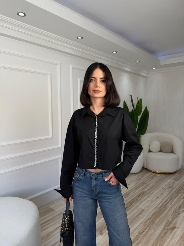 26-2XB0085 - 27408-X3 MİSS POEM PAT ÜSTÜ ŞERİT GÖMLEK - SİYAH