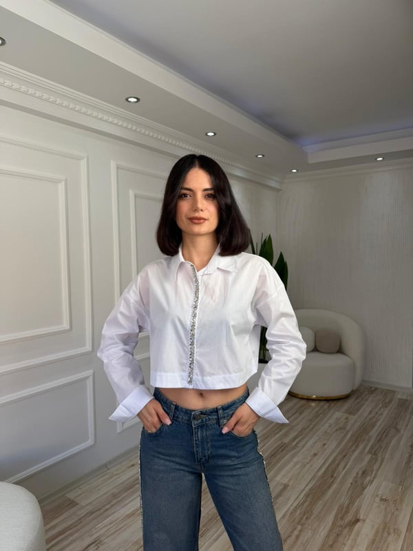 26-2XB0085 - 27408-X3 MİSS POEM PAT ÜSTÜ ŞERİT GÖMLEK - BEYAZ