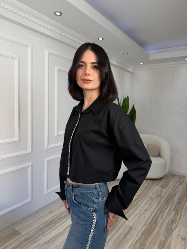26-2XB0085 - 27408-X3 MİSS POEM PAT ÜSTÜ ŞERİT GÖMLEK - SİYAH