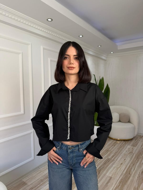 26-2XB0085 - 27408-X3 MİSS POEM PAT ÜSTÜ ŞERİT GÖMLEK - SİYAH
