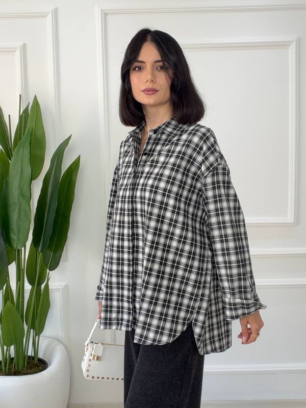 Arkası Düğmeli Ekose Oversize Gömlek - SİYAH