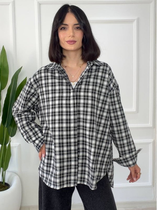 Arkası Düğmeli Ekose Oversize Gömlek - SİYAH